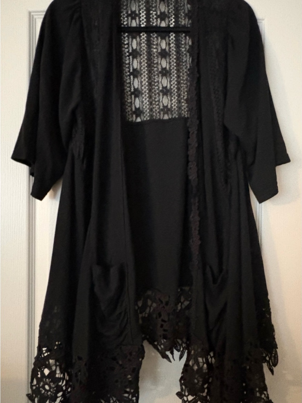 Ladies Origami Black Lace-Trim Open Front Cardigan S/M
